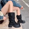 Middle Heel Round Toe Ladies Mid Calf Shoes Black New In Trend 2024 Chic and Elegant Demi-season Spring Women's Half High Boots