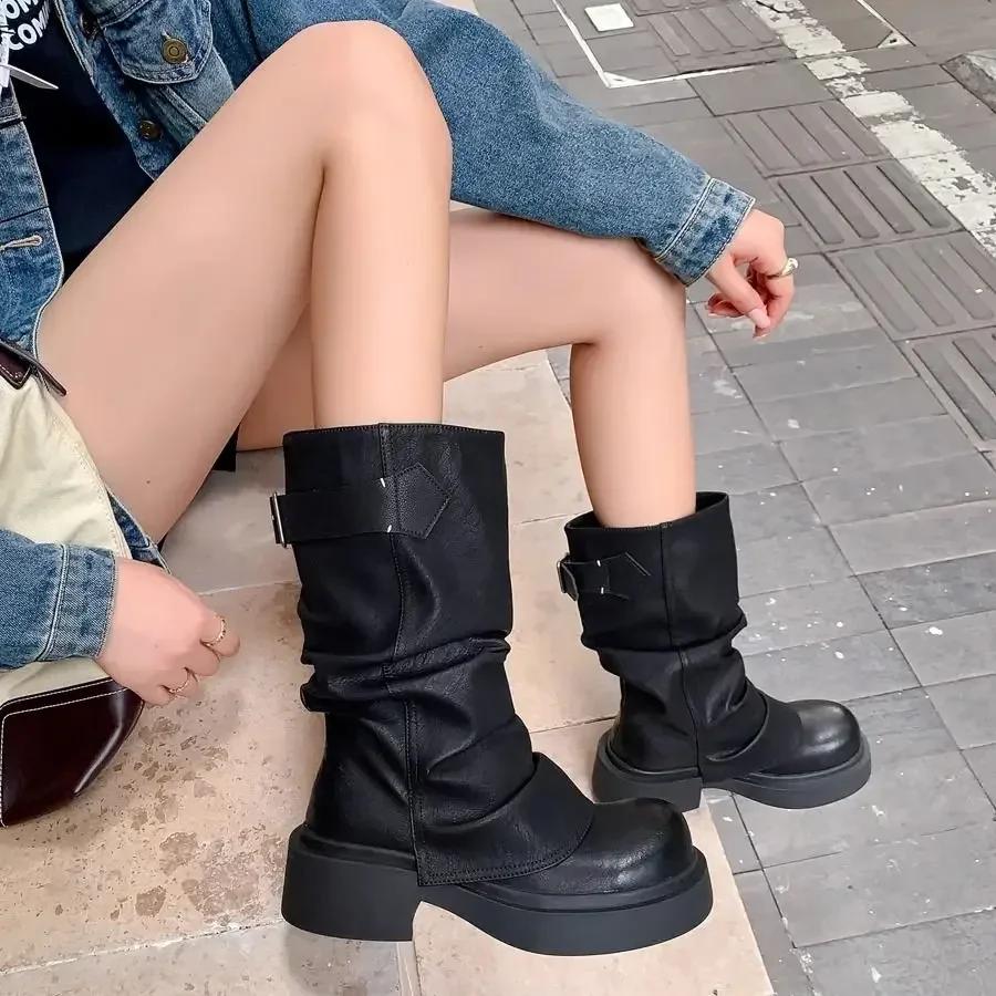 Middle Heel Round Toe Ladies Mid Calf Shoes Black New In Trend 2024 Chic and Elegant Demi-season Spring Women's Half High Boots