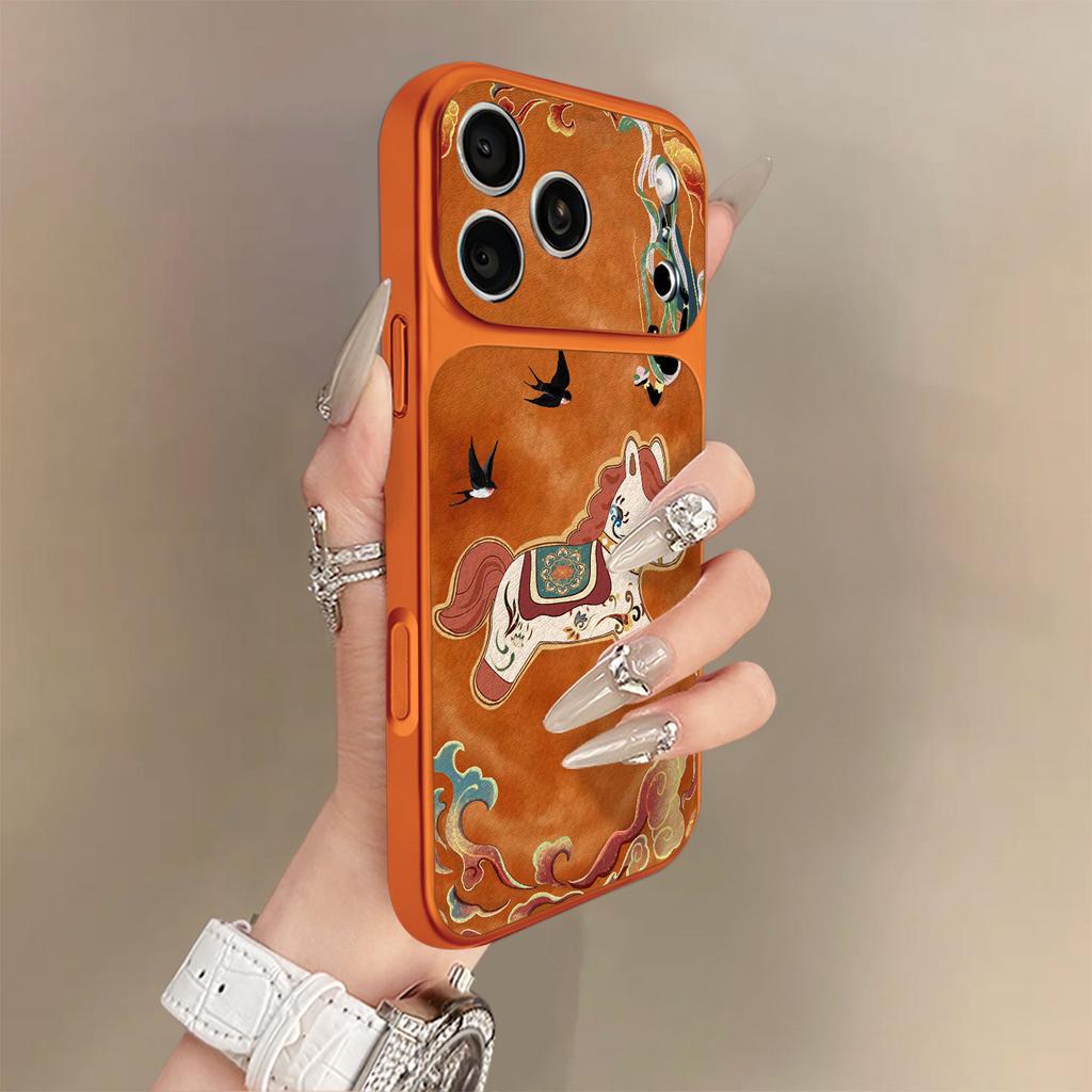 Облачная оранжевая лошадь подходит для чехла на мобильный телефон iPhone17promax Apple 16pro новый 15pro нишевый 16 кожаный.