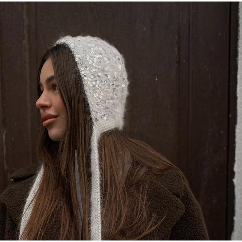 Korean INS Sequined Headband Hat For Women In Autumn And Winter Luxurious & Cute Warm Ear Protection Face-slimming Knitted Hat
