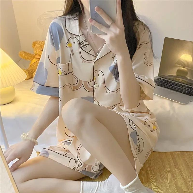 Женская пижама Домашняя одежда Cartoon Goose Ночная одежда Домашняя одежда Женские топы и брюки Пижамы с V-образным вырезом Удобные и дышащие