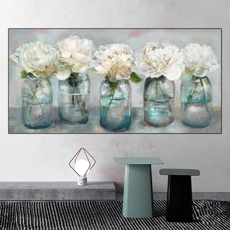 Abstract Vintage Fresh Peonies Canvas Painting Wall Art White Flower Posters and Prints Vase Wall Art for Living Room Decor