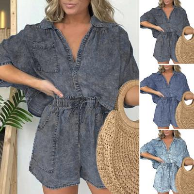 2 шт./компл., женская рубашка с потертостями, шорты, комплект, однобортный однобортный топ с короткими рукавами и нагрудным карманом, свободные шорты с высокой эластичной резинкой на талии, ковбойша