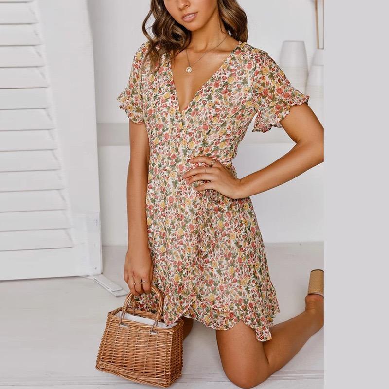 Женское платье с оборками в стиле бохо, летнее сексуальное шифоновое мини-платье с v-образным вырезом и коротким рукавом, сарафан для пляжного отдыха