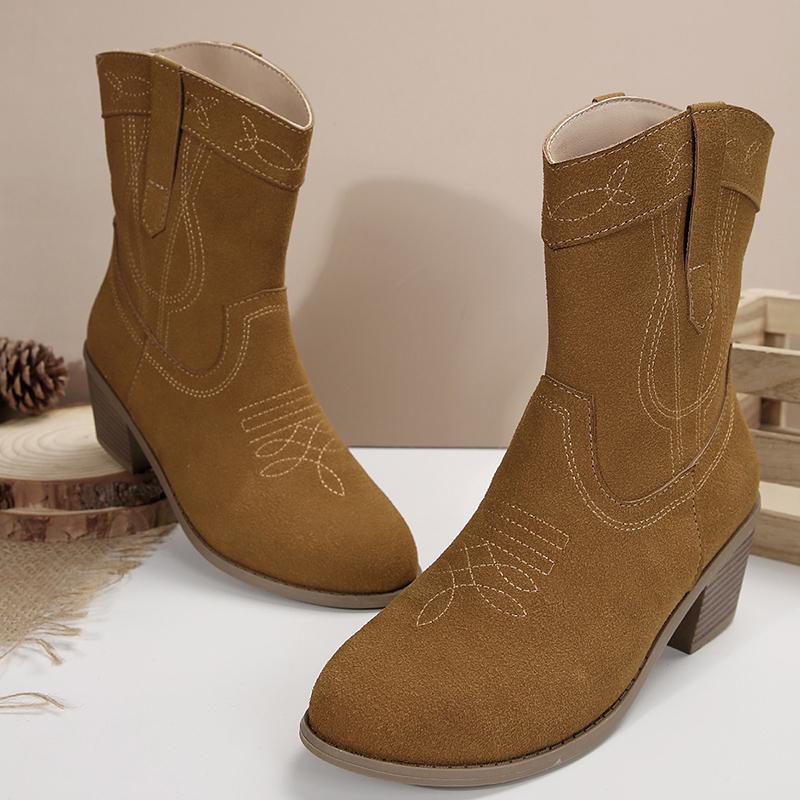 Мода Классические верблюжьи вестерн-сапоги для женщин из искусственной замши на толстом каблуке, ботильоны для женщин 2024 года, трендовые ковбойские ботинки без застежек