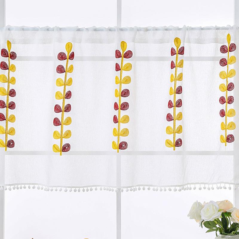 1pc Colorful Leaf Embroidered Sheer Curtain Valance with Pom Pom Trim - Short Rod Pocket Kitchen Cafe Window Curtain