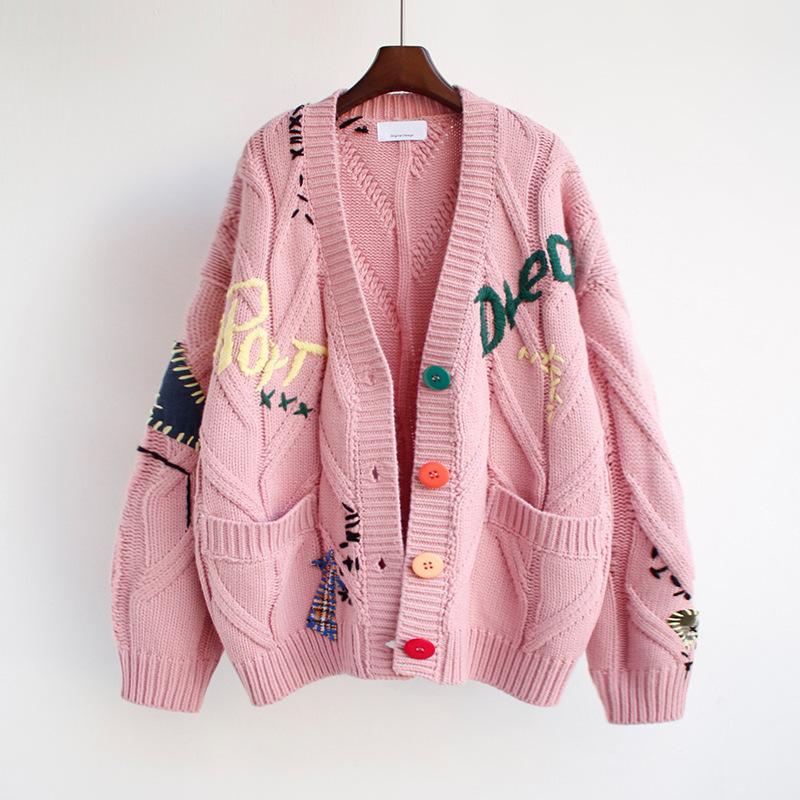 Autumn and Winter Women's Sweater Fashion Lazy Wind Embroidered Sweater Letter Design Loose Knitted Cardigan Jacket