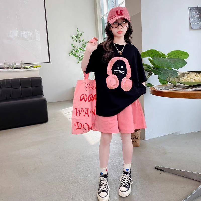 Летняя футболка для девочек, костюм с короткими рукавами, корейская версия повседневного летнего спортивного детского костюма с короткими рукавами и шортами, комплект из двух частей