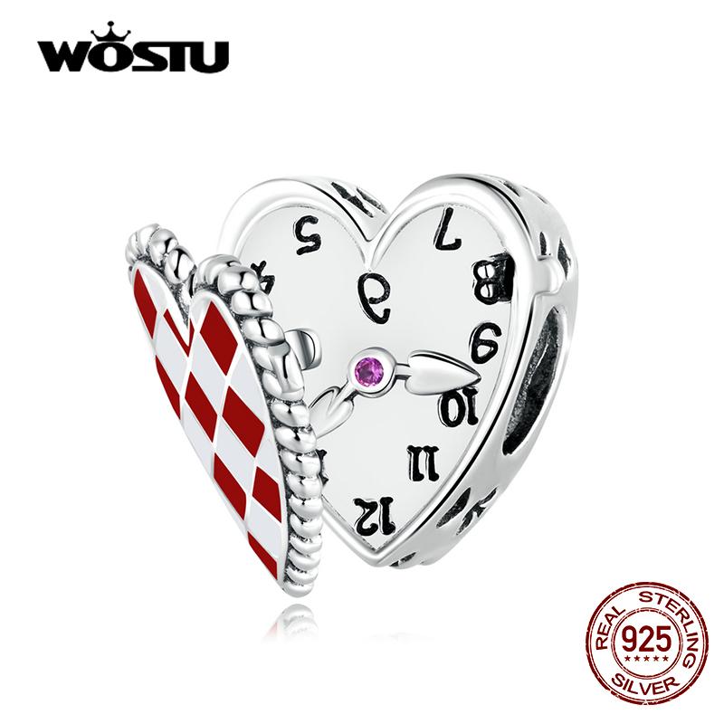 WOSTU Настоящее серебро 925 пробы, милое красное сердце, часы, подвески, бусины для женщин, подходят для оригинального браслета «сделай сам», ожерелье, ювелирные изделия, подарки