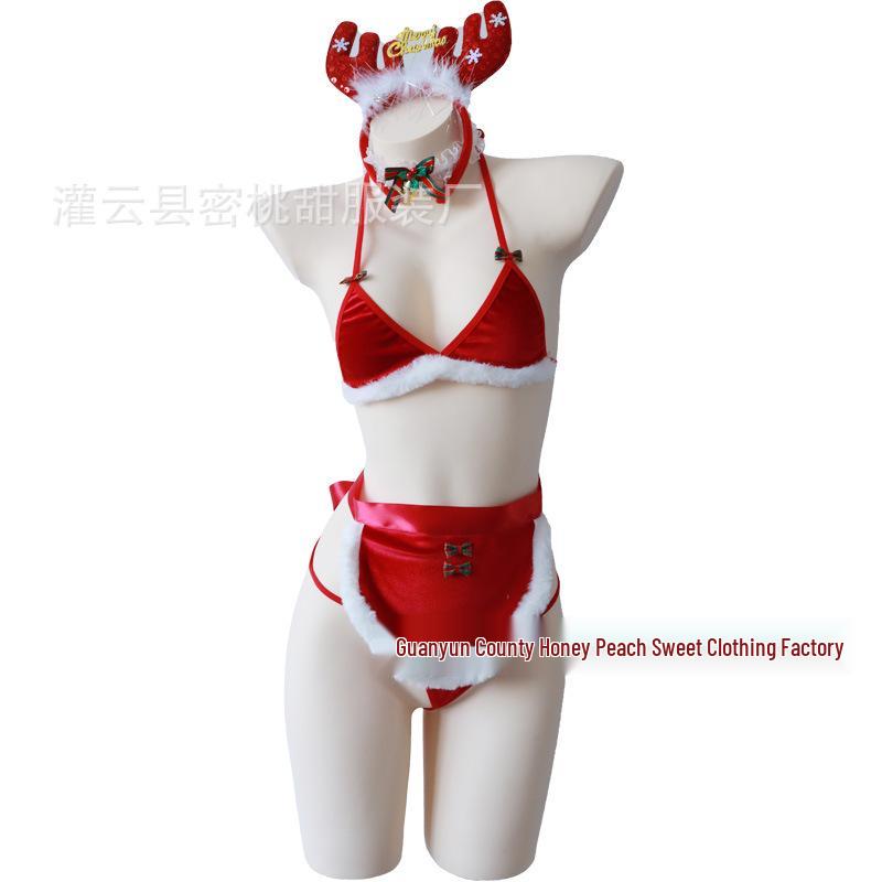 Red Plush Christmas Lingerie Set: Sexy Lace-Up Top, Apron, Nightwear