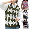 Women Streetwear Preppy Style Knitwear Tank V Neck Argyle Plaid Knitted Sweater