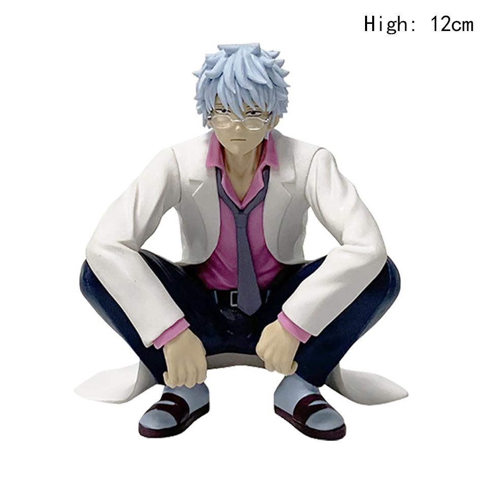 12cm Gintama Sakata Ginpa Silver Hair Lab Coat Figure Crouched Position Noodle Stopper Desktop Anime Decoration Collection Gift