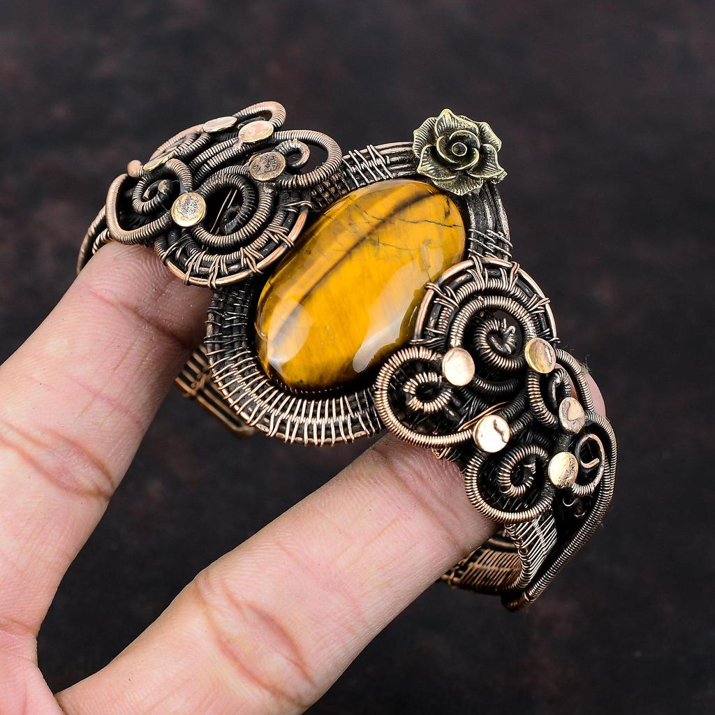 Браслет-манжета с драгоценным камнем тигровый глаз, браслет из медной проволоки, регулируемый браслет-манжета ручной работы, подарок на помолвку, медные украшения, цветочный браслет