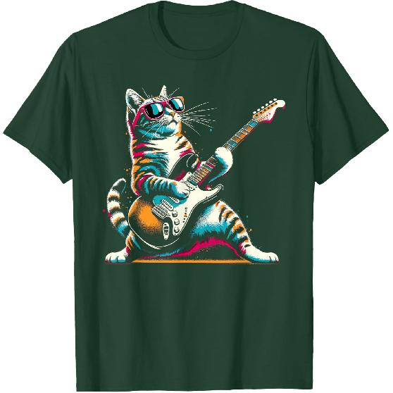 Guitar Cat Novelty Rock Music Band Concert Funny Cat T-Shirt