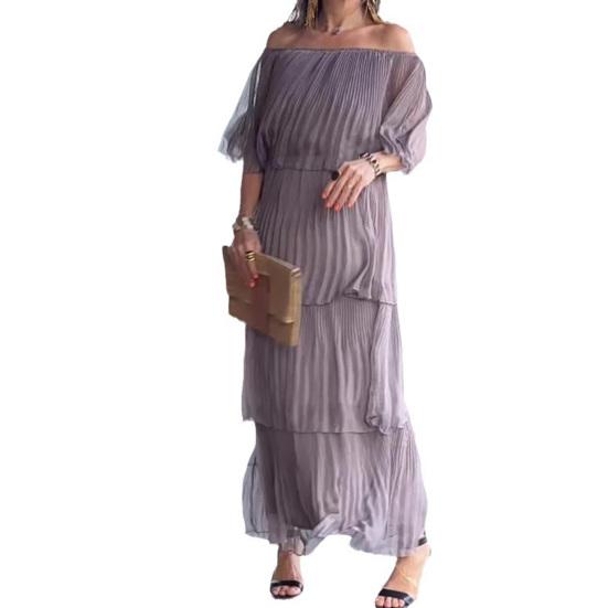 Летнее женское платье с открытыми плечами, многослойное разбросанное подол с рюшами, плиссированное однотонное шифоновое платье с половиной рукавов для выпускного вечера, вечерние макси-платье