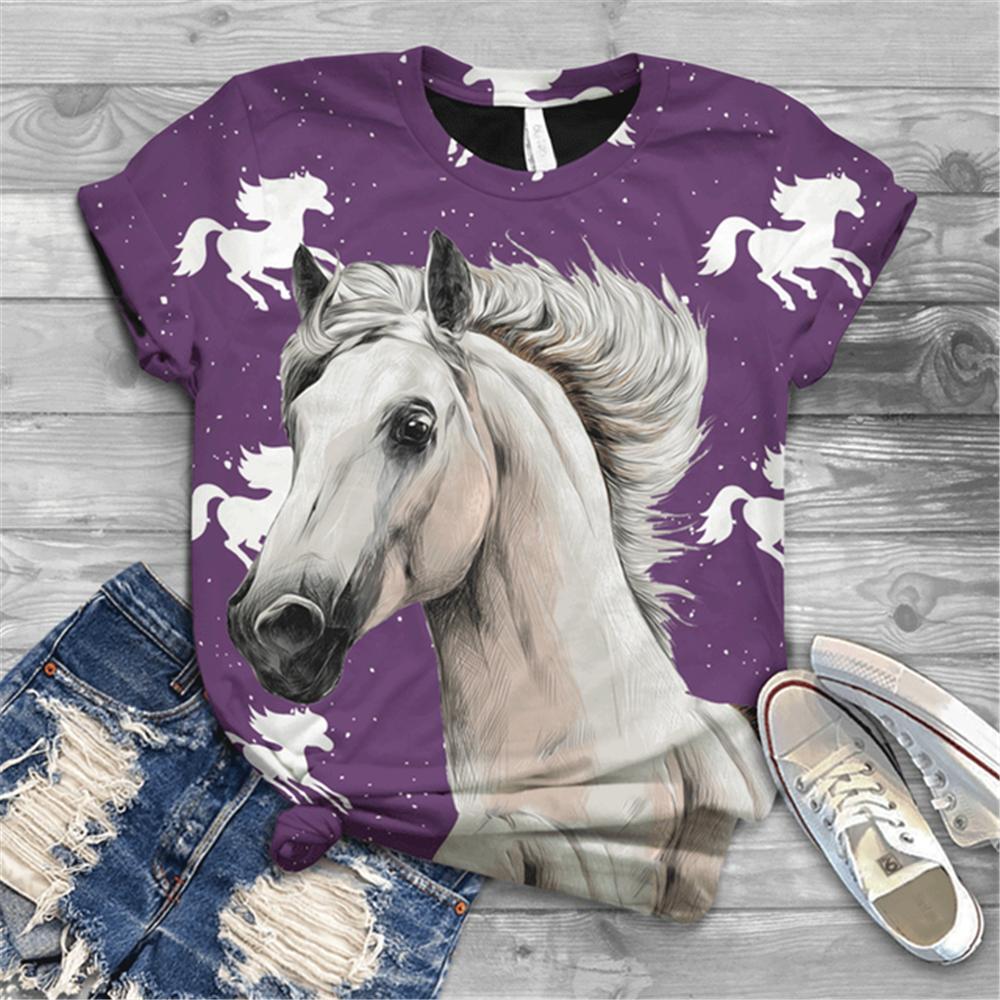 Женская футболка с коротким рукавом, летняя повседневная анимационная лошадь, цифровой 3D принт, сексуальный топ с диагональным воротником, свободный женский пуловер