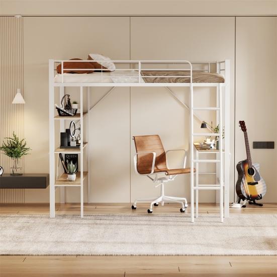 Metal Bed Strong Carrying Capacity with Computer Desk Storage Shelves Ladder Iron Frame Children Bunk Fall Protection Grilles Home Furniture Loft