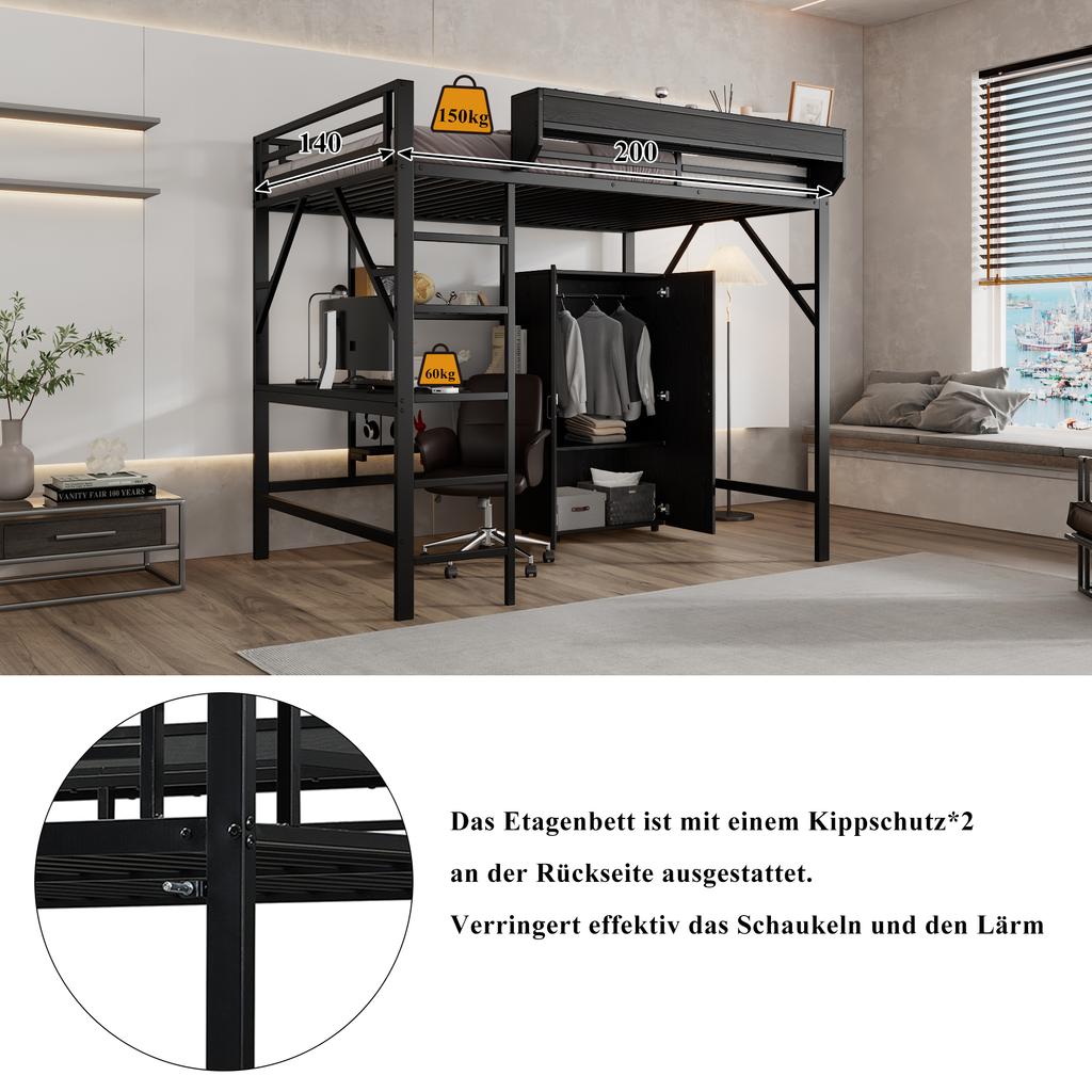 Iron Bed, Loft Bed, Double-Layer Storage Under the Desk, Upper Bed with Storage, With Wardrobe, Iron + MDF, Black, 140x200cm