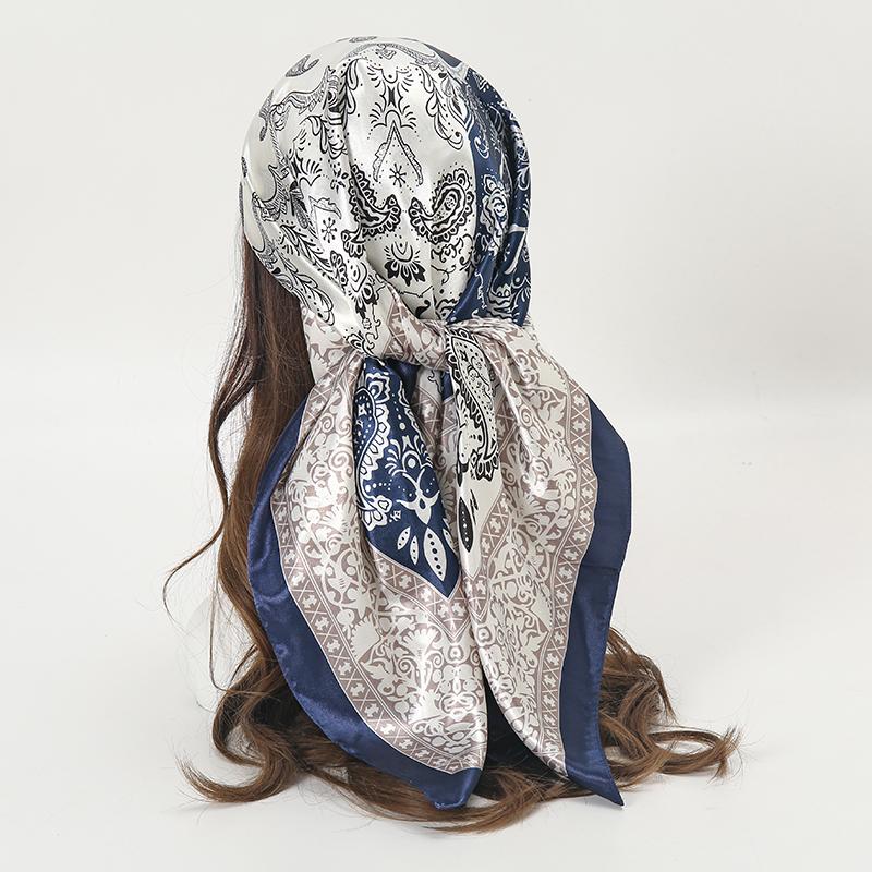 Satin Square Scarf Women Muslim Hijab Elegant Print Silk Neckerchief Shawl Wraps Headband Handle Hair Accessories Bandana