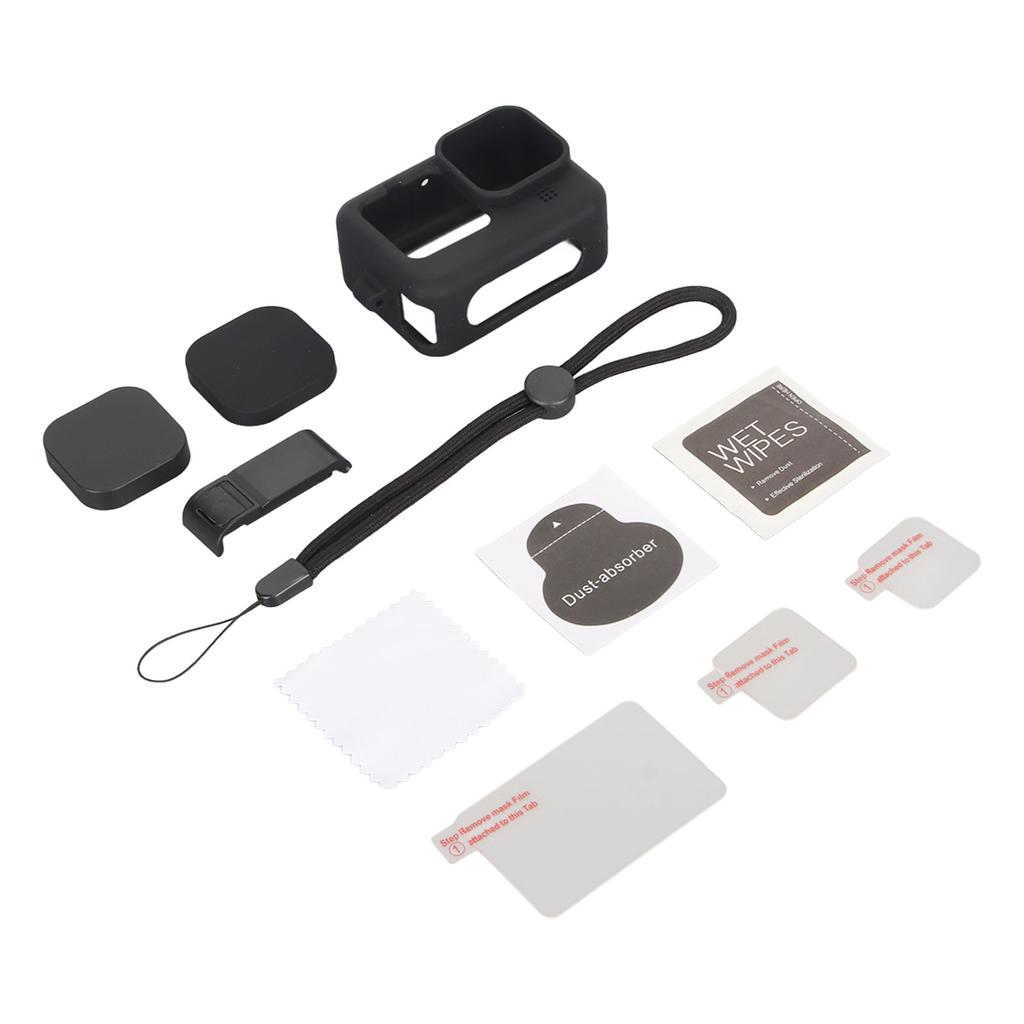 Action Camera Silicone Sleeve Case Tempered Glass Film Lens Cover Charging Side Cover Set Black