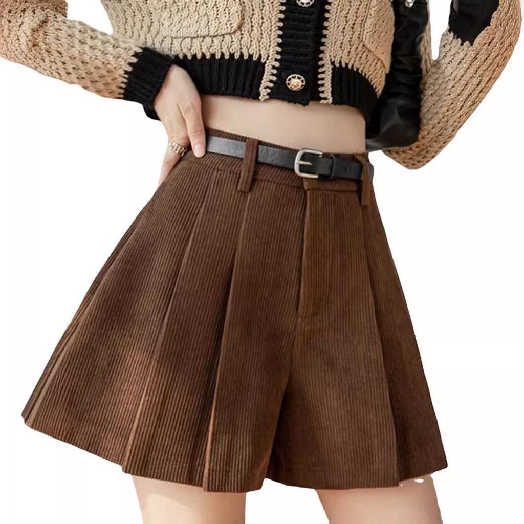 Женские вельветовые кюлоты А-силуэта с плиссировкой и высокой талией, зимние шорты 2024