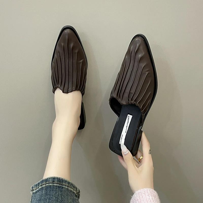 Fashion Baotou Semi-slippers Women's Spring and Summer New Versatile Small Pleated Square Toe Flat Bottom Baotou Slip-on Shoes