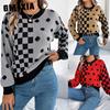 's Autumn and Winter Casual Color-blocking Polka Dot Checkered Lantern Sleeve Pullover Sweater for Women