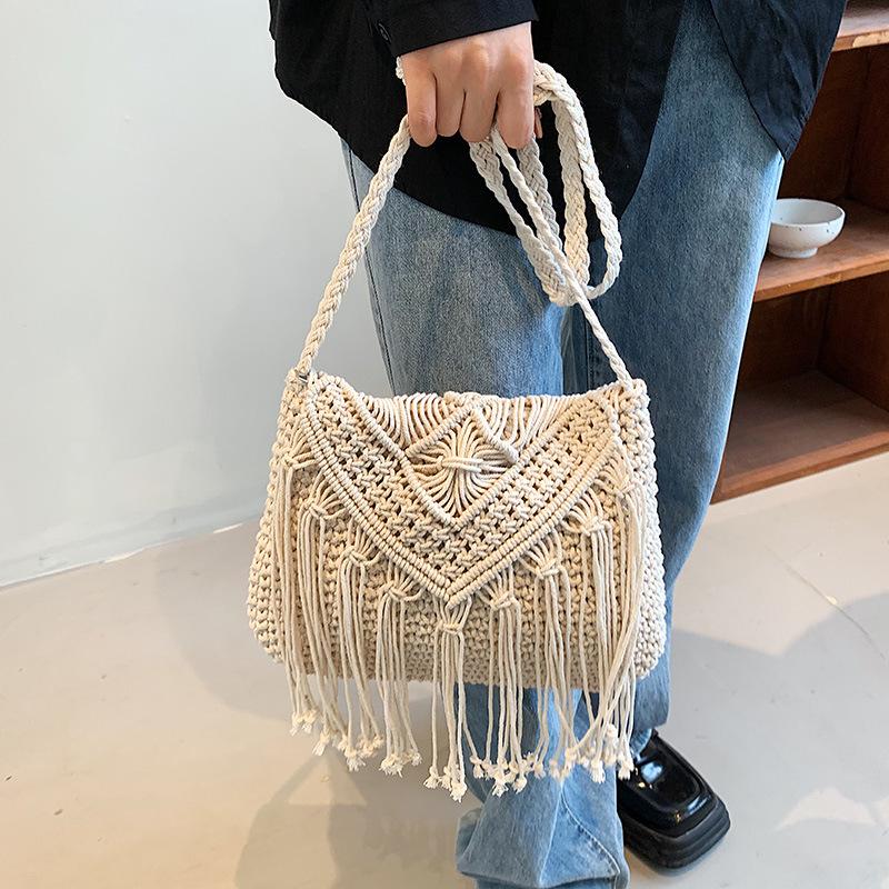 Fashion Cotton Woven Hollow Shoulder Crossbdoy Bags Female Summer Beach Bag Travel Small Tassel Handbag