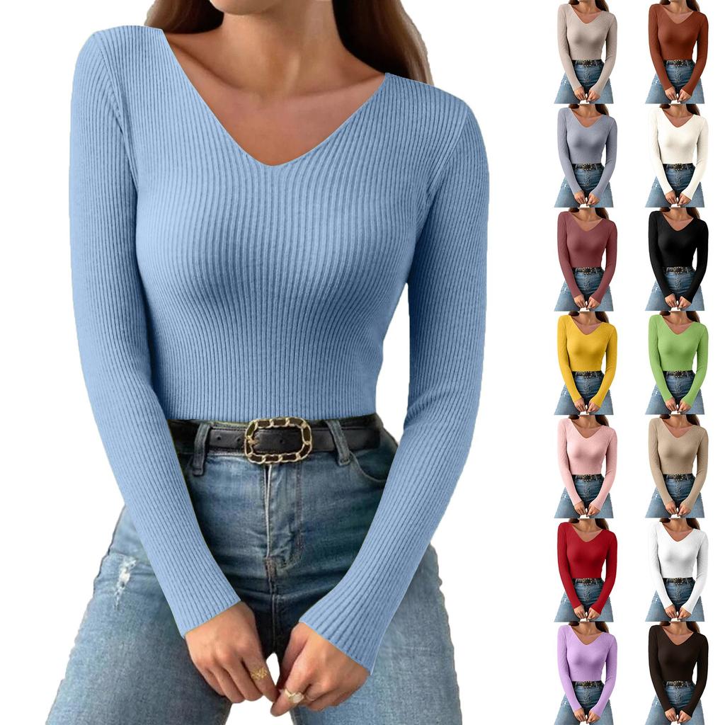 Women's Fashion V-Neck Slim Sweater Long Sleeve Pullover Solid Colour Top