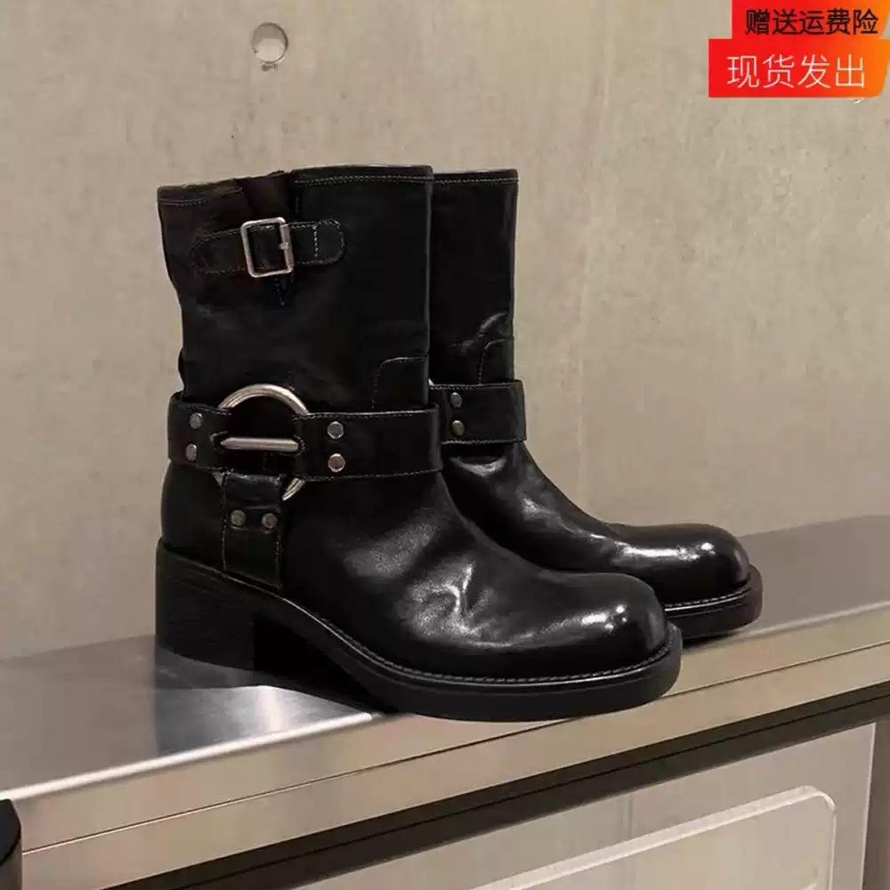 Версия из коровьей кожи~ натуральная кожа ретро металлическая пряжка толстый каблук вестерн короткие сапоги женские осень и зима новые панк локомотив рыцарские сапоги