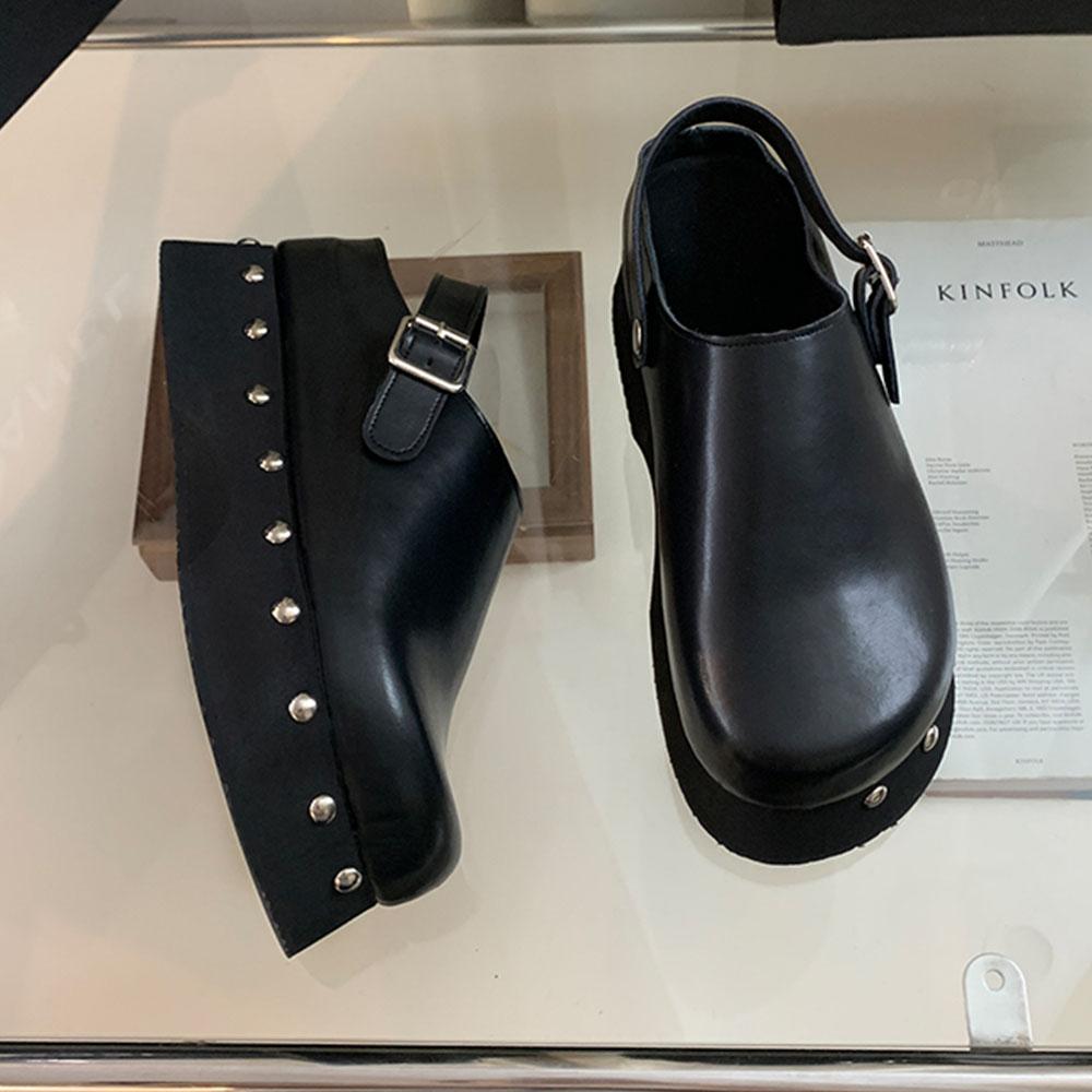 Summer Trendy Platform Mules Shoes For Women Genuine Leather Rivet Slip-on Punk Chunky Heels Women Flat Pumps