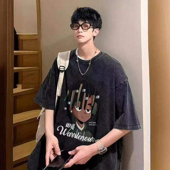 Мужские летние джинсы широкого кроя с принтом и эффектом стирки