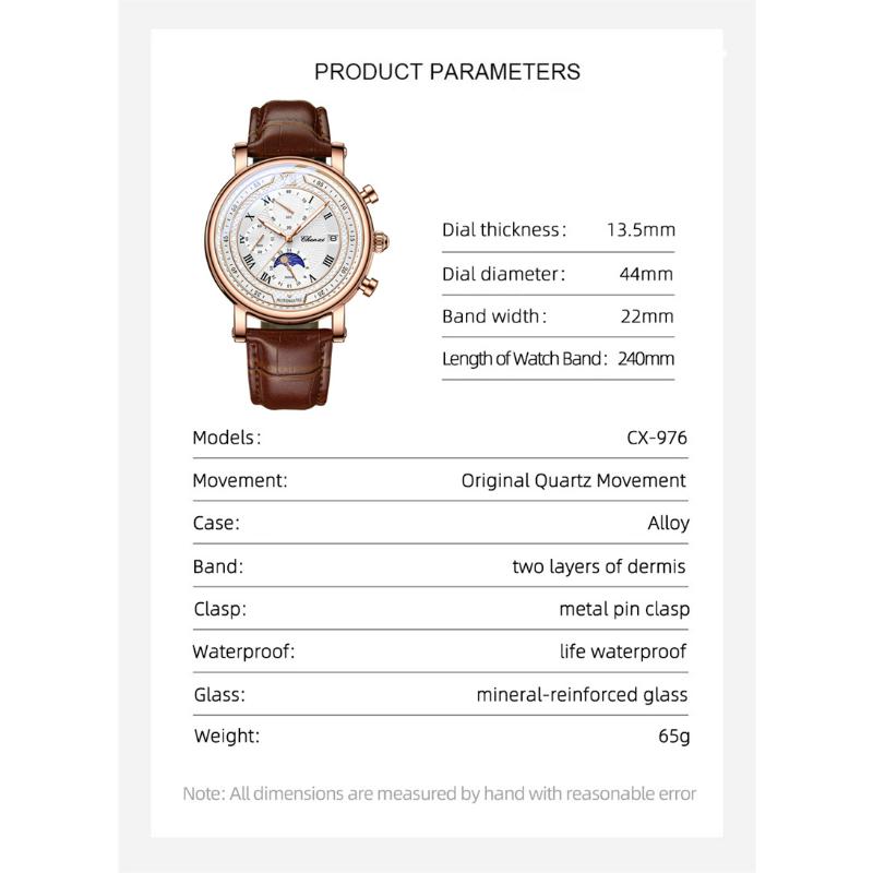 Chenxi Men's Watch Leather Chronograph Date Quartz Watches Phase Moon Timing Business Luminous Wrist Watch