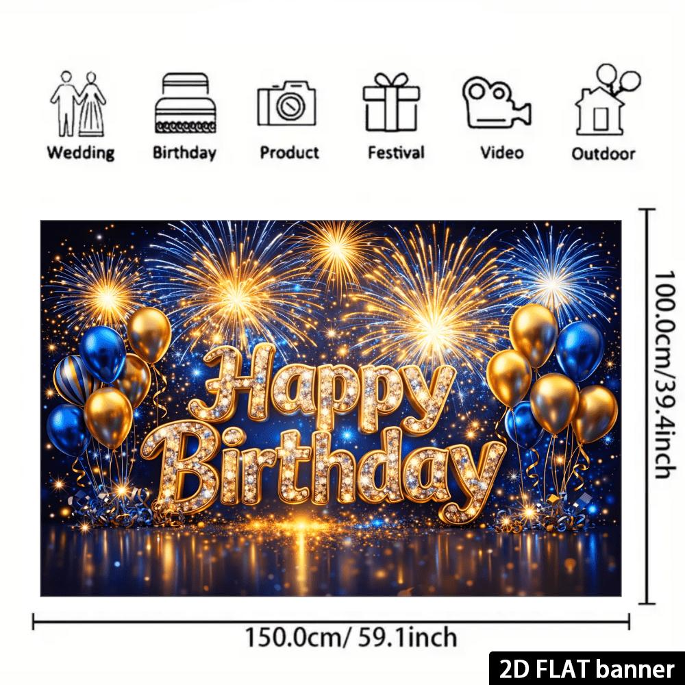 Flat birthday party backdrop with the center featuring the golden words "Happy Birthday".PMJ