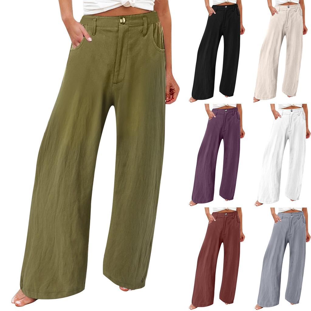 Summer Cotton Linen Wide Leg Pants Women Loose Palazzo Pant Pocket Elastic Waist Button Casual Pants