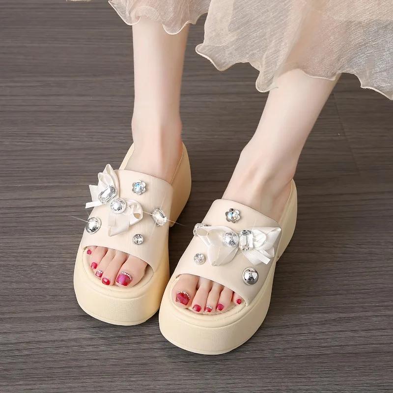 Fashion 8CM Women's Crystal Flower Platform Slides Bowtie Sandals Wedge High Heel Summer Crystal Beach Slippers Comfortable Lady Shoes