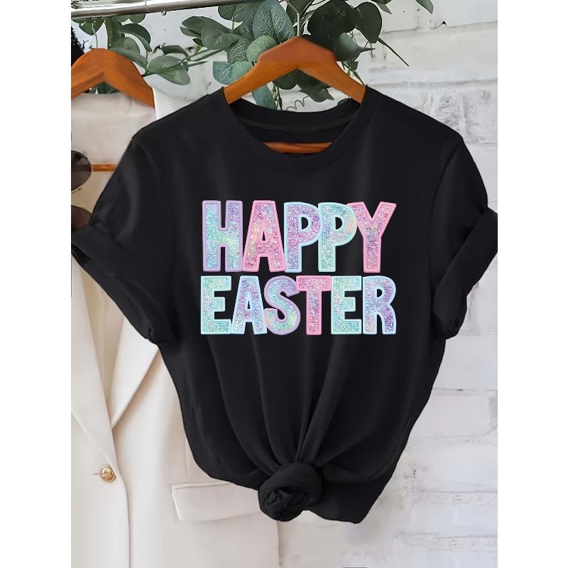 Женская футболка с принтом 'Happy Easter' - Европейский размер, с коротким рукавом, круглым вырезом, весенне-летний топ с надписью HAPPY EASTER