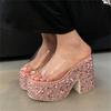 Eilyken Summer Transparen Sequin Cloth Platform Open Toe Women's Slippers Designer Square High Heels Shoes