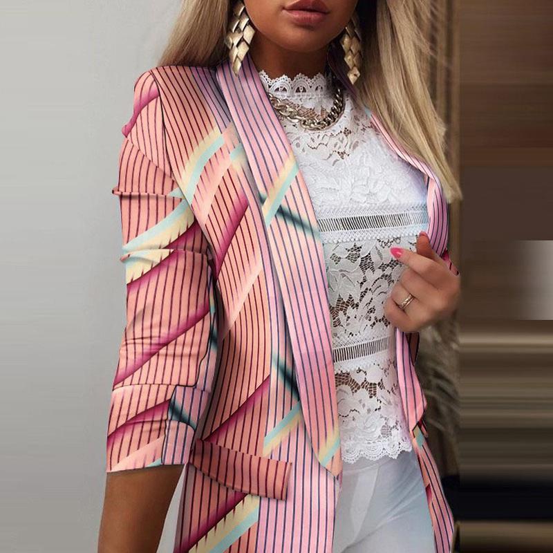 Женская мода с длинным рукавом и цветным принтом, куртка с открытой передней частью