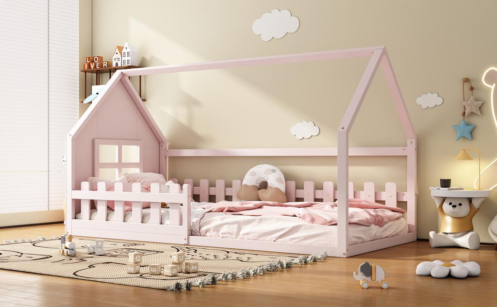 90*200cm Flat Bed, Children's Bed, House Rail, Pink
