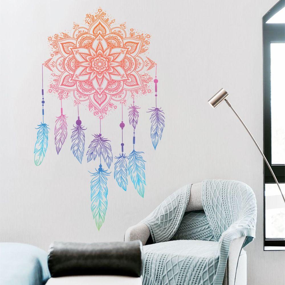 4pcs/set Wallpaper Bohemian Art Sticker Home English Wall Decal Lotus Feather Sticker  Bohemian