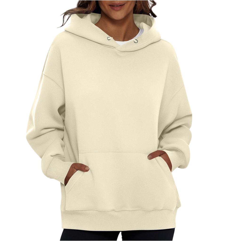 Ladies' Fashionable Solid Color Casual Hooded Pocket Long Sleeved Sweatshirt