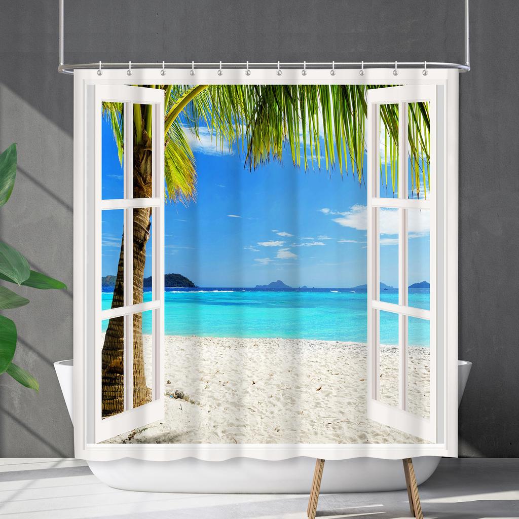 Shower Curtain Waterproof And Mildew-Proof Coconut Tree Beach Beach Bathroom Shower Curtain Shower Curtain Partition Curtain Free Punching