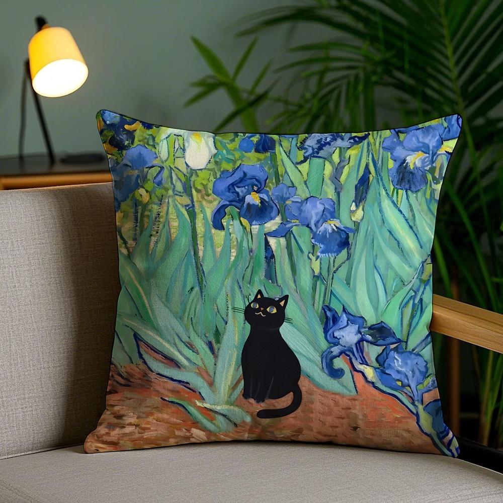 Cute Black Cat Oil Painting Cushion Cover Plush Fabric DoubleSided Printed Invisible Zipper Sofa Pillow Case Home Bedroom Decor
