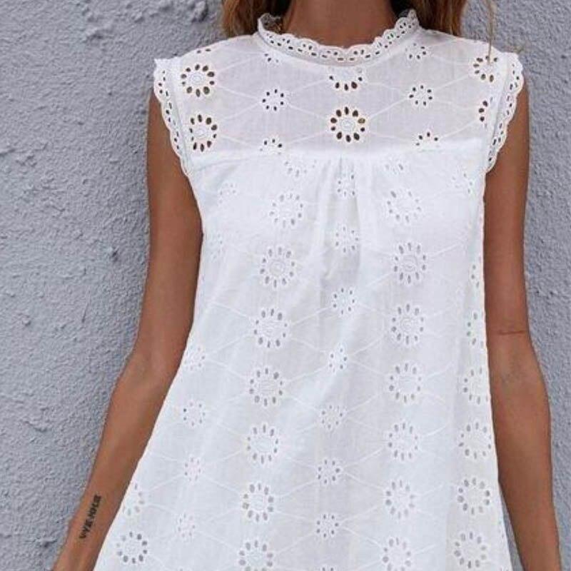 Sleeveless Summer White Dress Women Sweet Fresh Stand Collar Loose Dress Fashion Ruffle A-line Hook Flower Hollow Lace Dress 26623