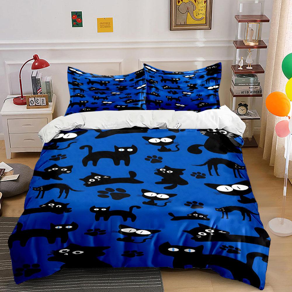 Black Cats and Paw Prints Design Bedding Duvet Cover Set Duvet Cover Pillowcases (1*Duvet Cover 2*Pillowcases, without duvet insert)