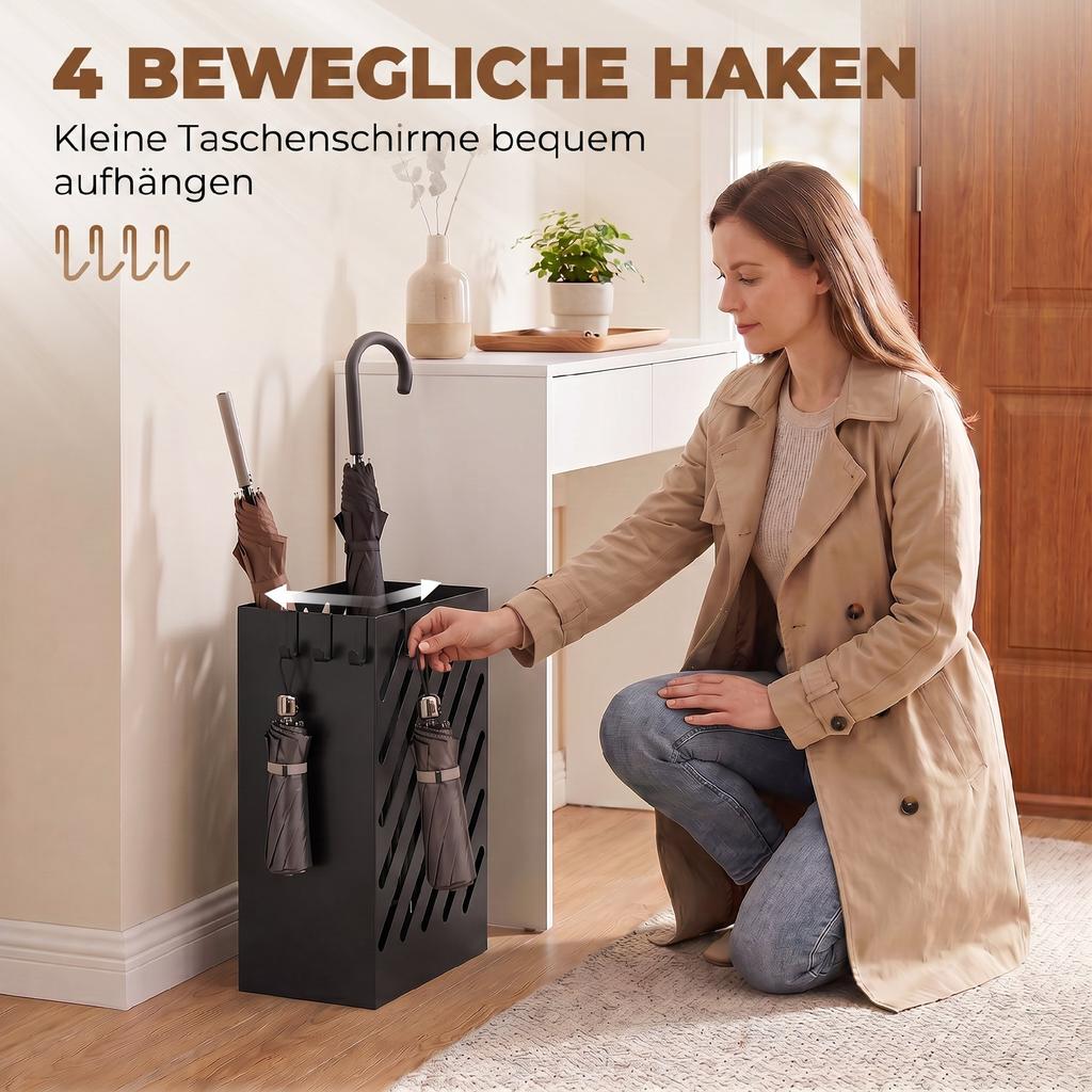 Umbrella Stand with Drip Tray, 4 Hooks, Steel, 28L x 14W x 41H cm, Black