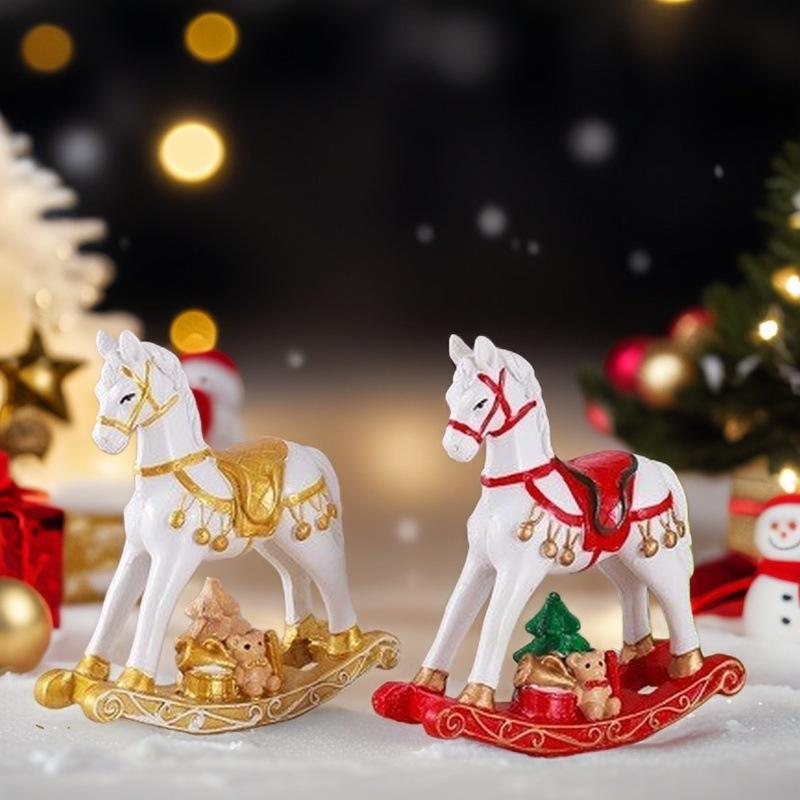 Resin Rocking Horse Christmas Ornament Home Figurine Table Decor Living Room Shelf Accent Gift For Friends And Women Festive