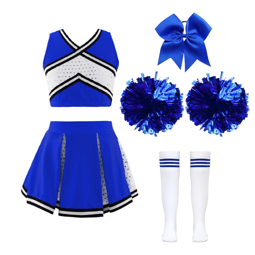 Kids Girls Sparkly Cheer Outfit Crisscross Striped V Neck Crop Top Pleated Skirt and Bow Set