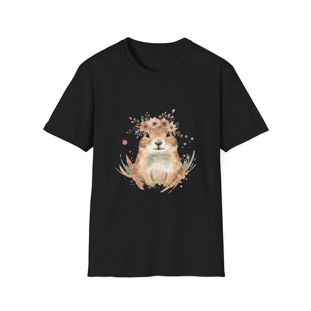 Cute Prairie Dog Floral Watercolor Black Tee Animal Aesthetic T-Shirt